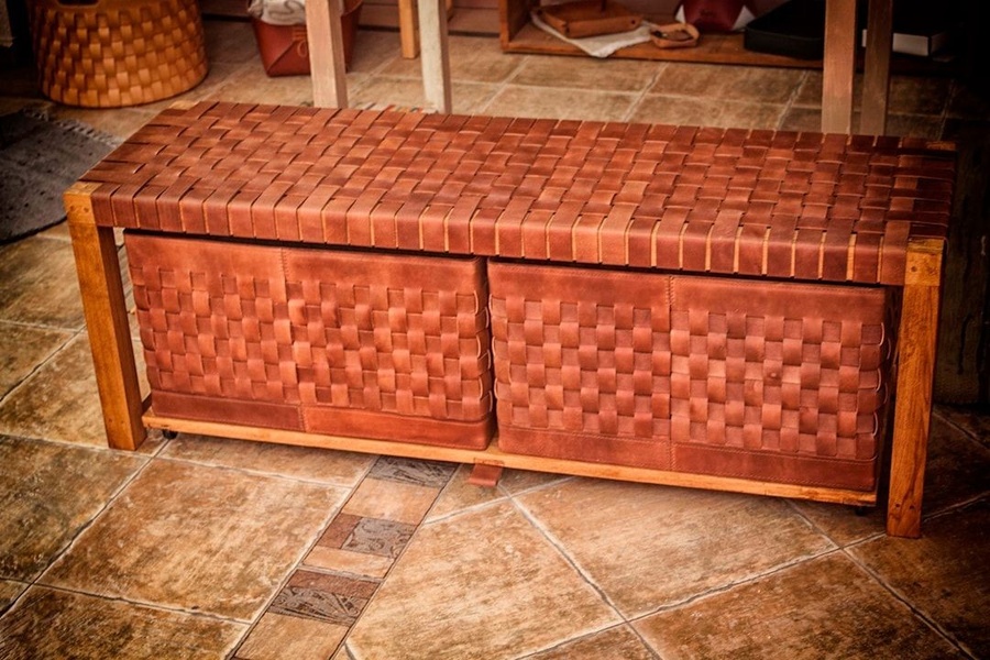 storage bench, leather bench, entryway bench, woven leather bench, furniture with storage, bestseller push, lifestyle, luxurious, trustworthy, brown, neutral